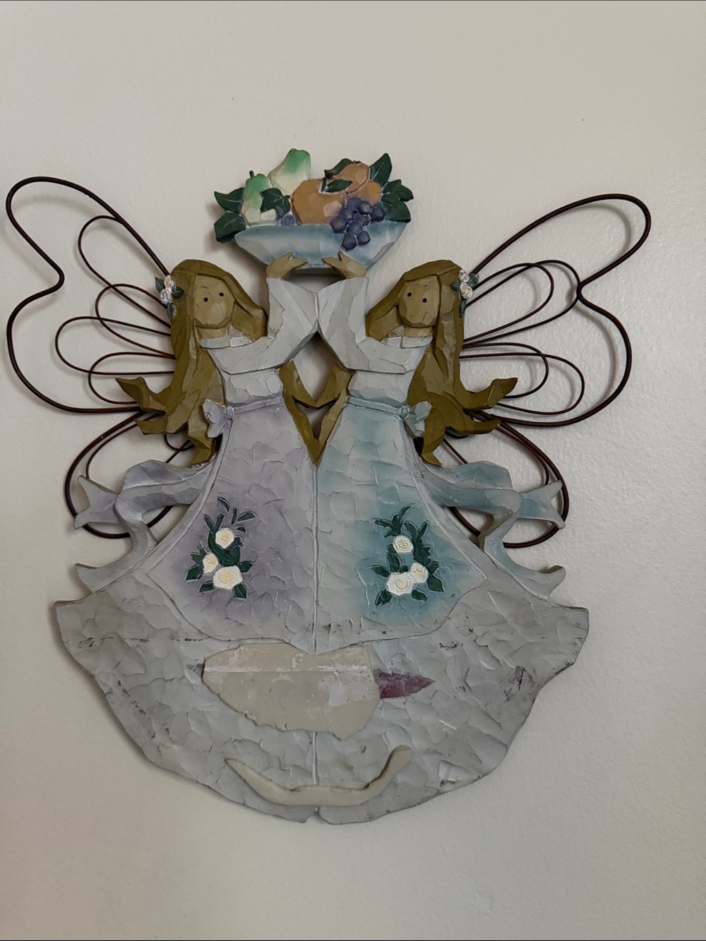 Handcrafted Twin Angel Wall Decor in White and Gold